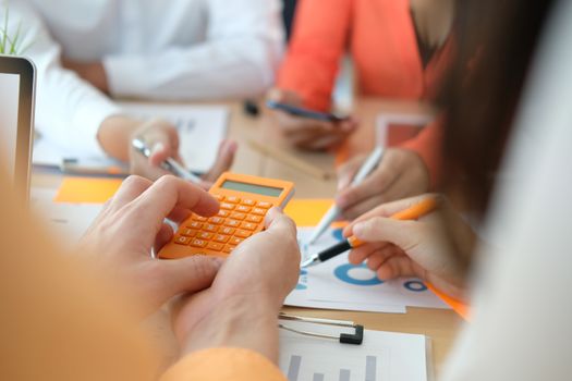 business people discussing on performance revenue in meeting. businessman working with co-worker team. financial adviser analyzing data with investor.