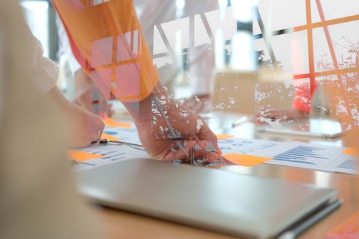 business people discussing on performance revenue in meeting. businesswoman working with co-worker team. financial adviser analyzing data with investor.