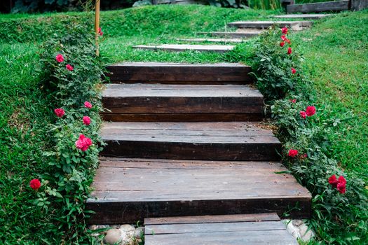 wooden stairs stairstep staircase in garden park