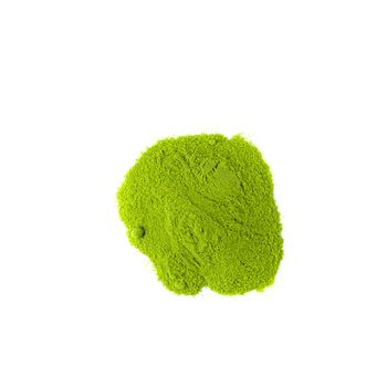 Powdered matcha green tea on white background top view.