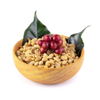 Fresh Coffee Red Berry branch and Coffee beans  in a wooden bowl isolated on white background.