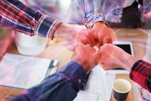 startup man woman joining united hand, business team touching hands together after complete a deal in meeting. unity teamwork partnership corporate concept.