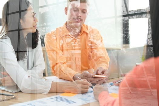 business people discussing on performance revenue in meeting. businessman working with co-worker team. financial adviser analyzing data with investor.