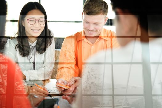 business people discussing on performance revenue in meeting. businessman working with co-worker team. financial adviser analyzing data with investor.