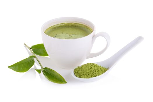 matcha powder in White ceramic spoon and Green tea matcha latte cup isolated on white background.