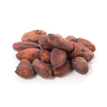 Cocoa fruit, raw cacao beans isolated on a white background.