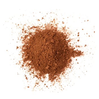 Pile cocoa powder isolated on white background.