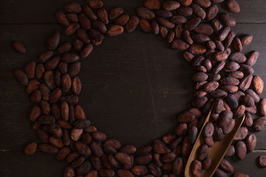 Top view of Cocoa beans in vintage table on dark background.