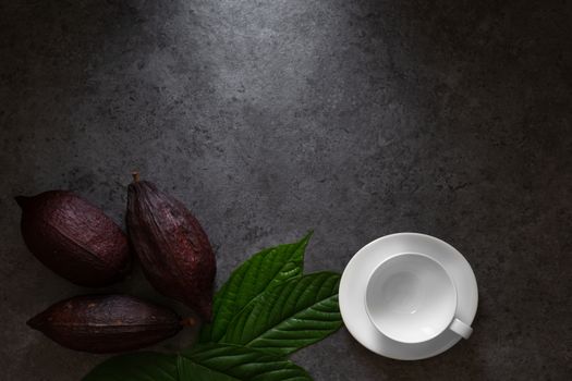 Hot chocolate and Cocoa pod cut exposing cocoa seeds on dark table, top view with copy space.