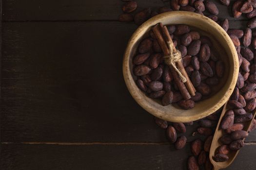 Top view of Cocoa beans in vintage table on dark background.