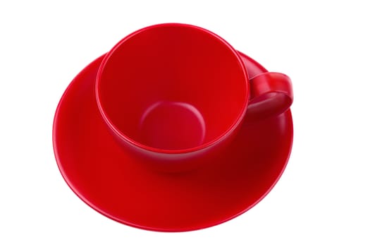 Red coffee mug and saucer isolated on white background.