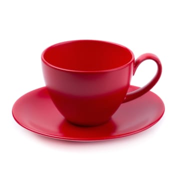 Red coffee mug and saucer isolated on white background.