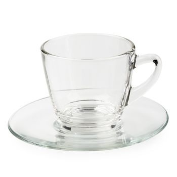 Empty glass cup of tea or coffee with handle isolated on white background.