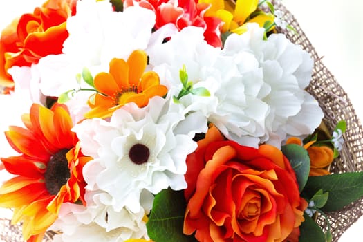 Bouquet of Plastic flowers. Plastic Flowers set on white background.