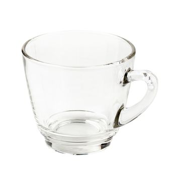 Empty glass cup of tea or coffee with handle isolated on white background.