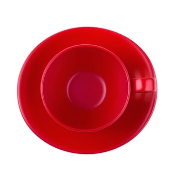 Red coffee mug and saucer isolated on white background.