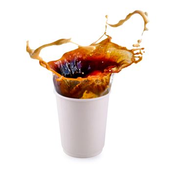 Hot coffee splashing on Takeaway White paper coffee cup isolated on a white background.