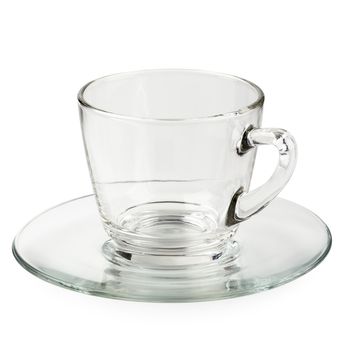 Empty glass cup of tea or coffee with handle isolated on white background.