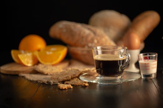 fresh breakfast with hot coffee, orange juice and cookies.