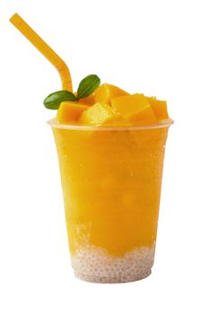 Ripe Mango Smoothies on a wooden plate with ice cubes and fruit as background.