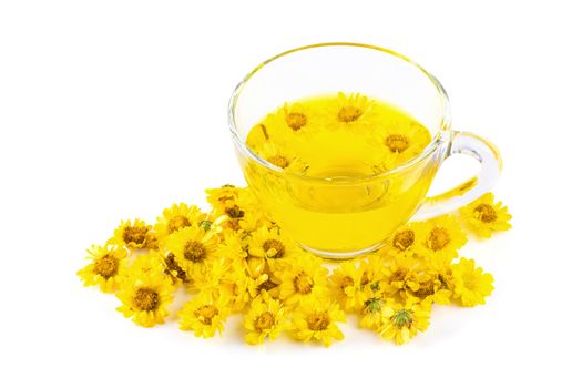 Yellow Chrysanthemum flowers health herbal tea isolated on white background.