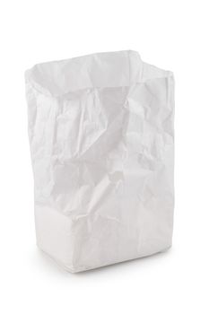Used white paper bag isolated on a white background.