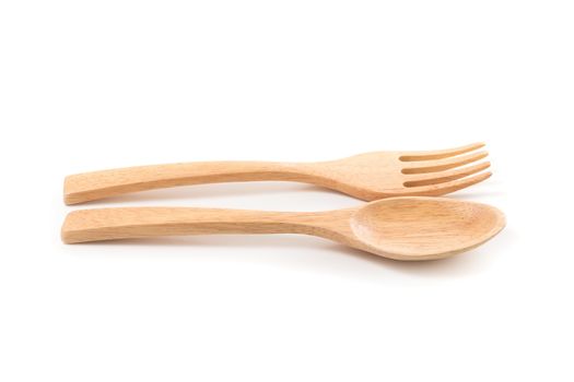 Wooden Spoon and fork isolated on a white background.