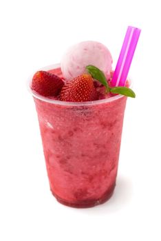 Strawberry smoothie and yogurt ice cream Strawberry on a wooden plate with ice cubes and fruit as background.