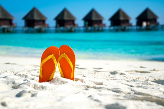 Sandals on the beautiful beach - summer vacation
