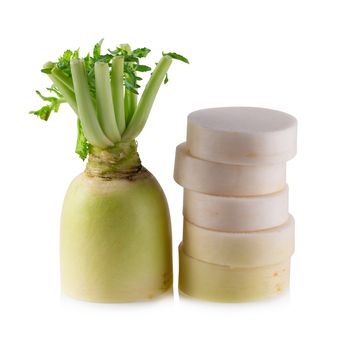 Daikon radishes isolated on a white background.