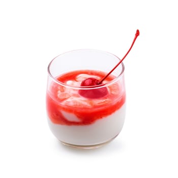 Glass of Cherry yogurt isolated on a white background.