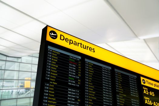 Flight information, arrival, departure at the airport, London, England