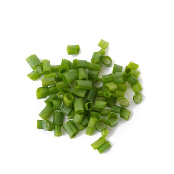 Chopped fresh green onions isolated on white background.