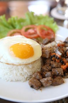 roast beef with black pepper and fried egg on rice