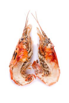 grilled giant river prawn with yellow creamy fat on head.