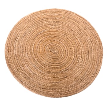 golden  round wicker mat on white background.