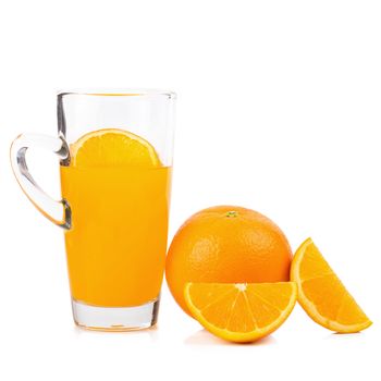 slices of oranges and orange juice isolated on white background.