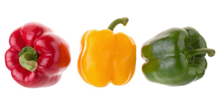 yellow red and green pepper shooted isolated on a white background.