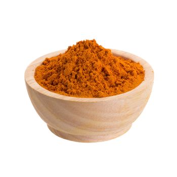 Turmeric powder in wooden bowl on white background.