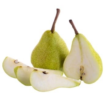 Ripe green pears with half and slice isolated on a white background.