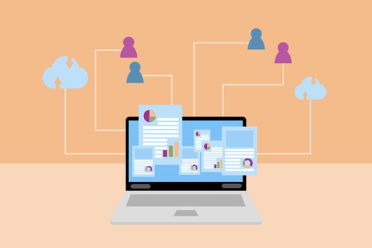 Webinar or e-learning concept. Laptop and cloud storage data icon, pink and blue person icon on orange background. Internet connection for meeting and study online. Work and study from home.    