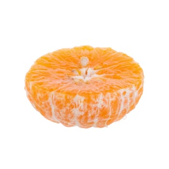 Half orange fruit on white background, fresh and juicy.