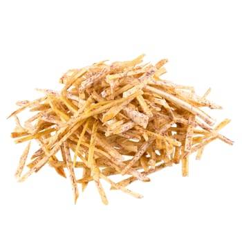 fried Taro slices Dip into the caramel isolated on white background.