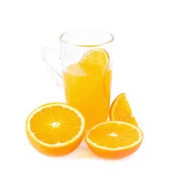 slices of oranges and orange juice isolated on white background.