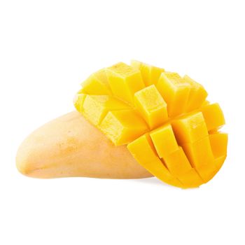 Mango fruit and mango cubes on the white background.