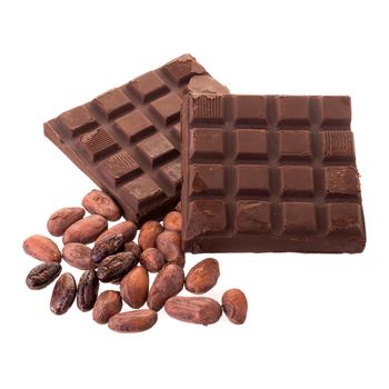 Chocolate with cacao, isolated on white background.