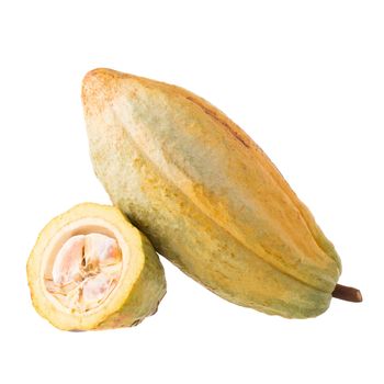 Cacao fruit, raw cacao beans, Cocoa pod on white background.