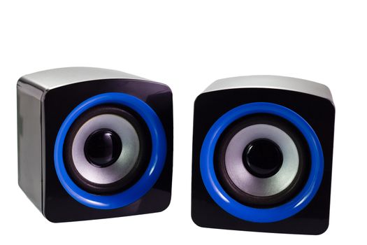 PC computer speakers with blue and black design on isolate white background