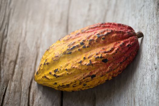 Cacao fruit, raw cacao beans, Cocoa pod on wooden background.