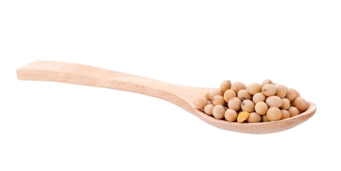 soybeans with wooden spoon isolated on white background.